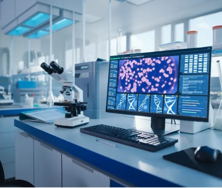 Microbiology lab workstation with a microscope and a monitor showing DNA sequencing and bacterial culture data, used in whole genome sequencing and environmental monitoring analysis.